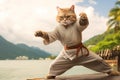 Cute tabby cat in karate uniform striking a pose Royalty Free Stock Photo