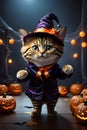 Cute Tabby Cat Portrait in Halloween Wizard Costume