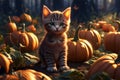 Cute tabby kitten watching over cornucopia of winter squash in a pumpkin patch Royalty Free Stock Photo