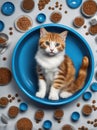 A cute tabby cat sits in a blue bowl, with several bowls of food in the background. Royalty Free Stock Photo