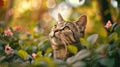 Cute tabby cat sitting on a bush in a summer garden Royalty Free Stock Photo