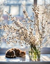 Tabby Cat With Pussywillow Bouquet Royalty Free Stock Photo