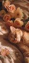 the cute tabby cat smiles while holding a pink bouquet Royalty Free Stock Photo