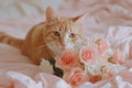 the cute tabby cat smiles while holding a pink bouquet Royalty Free Stock Photo
