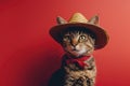 Cute tabby cat wearing a straw hat on a red background Royalty Free Stock Photo