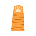 Cute tabby ginger cat paw with soft pads. Funny raised up kitten foot in doodle style. Adorable animal leg giving high