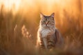 Cute tabby gray cat sitting in the grass at sunset.