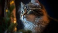 cute tabby kitten looking at Christmas tree, neural network generated art Royalty Free Stock Photo