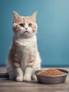 A cute tabby kitten near bowl with food