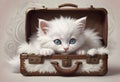 Cute Tabby Kitten with striking blue eyes stares out from an old, leather suitcase, conveying a sense of adventure and curiosity