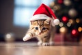 Cute tabby kitten wearing santa hat playing around Christmas tree, Christmas and cat concept background. Generative AI Royalty Free Stock Photo