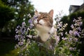 tabby white cat smelling blossoming catnip plant outdoors Royalty Free Stock Photo
