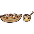 Cute takoyaki with serving stick vector. Hand drawn octopus ball japanese snack. Royalty Free Stock Photo