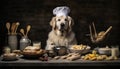 Cute and talented dog chef in the kitchen, passionately creating nutritious meals for animals