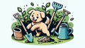Cute Tan Puppy Playing in a Garden with Gardening Tools Royalty Free Stock Photo
