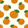 Cute tangerines seamless pattern on beige background with aged scratched paper effect. Hand drawn mandarins