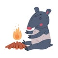 Cute Tapir Animal with Proboscis Sitting Near Burning Fire and Warming Vector Illustration