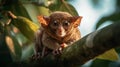 Cute Tarsier is climbing a tree in the forest