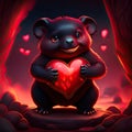 Cute Tasmanian Devil hugging heart Black bear holding a red heart in his hands. Valentine's Day. Generative AI
