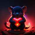 Cute Tasmanian Devil hugging heart cute little black rat holding a red heart on a dark background Generative AI