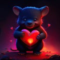 Cute Tasmanian Devil hugging heart Valentine's day greeting card with cute little mouse holding red heart. AI Generated
