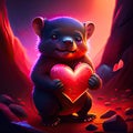 Cute Tasmanian Devil hugging heart Valentines day greeting card with cute little bear holding red heart. AI generated