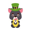 Cute tasmanian devil St. Patricks Day leprechaun hat holds horseshoe. Irish holiday folklore theme. Cartoon design for cards,