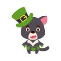 Cute tasmanian devil in St. Patricks Day leprechaun hat holds shamrocks. Irish holiday folklore theme. Cartoon design for cards,