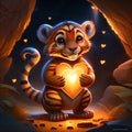 Cute Tasmanian Tiger hugging heart Cute tiger with heart in a cave. Valentine's Day. AI generated
