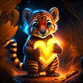 Cute Tasmanian Tiger hugging heart Cute tiger holding a heart in his hands, digital painting. AI generated