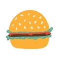 Cute tasty big hamburger or cheeseburger in flat style. Fast food with bun, salad, beef, ketchup and sesame. American unhealthy