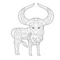 Cute taurus. Doodle style, black and white background. Funny animal, coloring book pages. Hand drawn illustration in zentangle