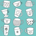 cute tea cups with drawings, various shapes, Doodle style, white on turquoise background, seamless vector pattern, for fabric,