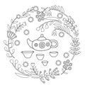 Cute tea set. Monochrome Vector isolated objects. Royalty Free Stock Photo