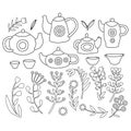 Cute tea set. Monochrome Vector isolated objects. Royalty Free Stock Photo