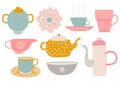 Cute Tea Set, Tea Party Elements with Teapot, Teacup, Saucer, Jug Milk and Napkin Vector Illustration Royalty Free Stock Photo