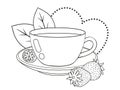 Cute teacup with fresh strawberry and decor. Line art.