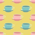 Cute Teacup Vector Repeat Pattern In Pink And Blue On A Yellow Background