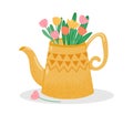 Cute teapot with bouquet of flowers isolated