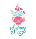 Cute teapot with bouquet of flowers. Spring flowers. Springtime greeeting card design concept with trendy hand lettering