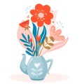 Cute teapot with bouquet of flowers. Spring flowers.