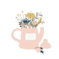 Cute teapot of dry herbs for phytotherapy isolated on white background. Pastel colors. Hand-drawn. Vector illustration