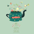 Cute teapot with spring herbs and birds