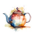 Cute Teapot Watercolor on White Background for Invitations and Scrapbooking.