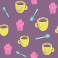 Cute teatime pattern. Cupcake, cups, spoons.