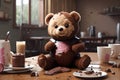 Cute teddy bear in a bodysuit, having a bar of chocolate for breakfast guilty surprised face and enjoy eating