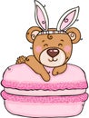 Cute teddy bear with bunny ears on pink macaron