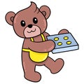 A cute teddy bear is carrying a baking sheet filled with cooked cakes. doodle icon image kawaii