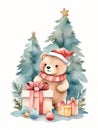 Cute teddy bear with Christmas gifts painted in watercolor Royalty Free Stock Photo