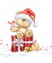 Cute teddy bear with christmas gifts in the Santa hat. Royalty Free Stock Photo